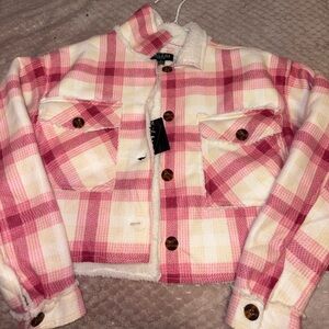 Pink Plaid Button-Up Cropped Jacket